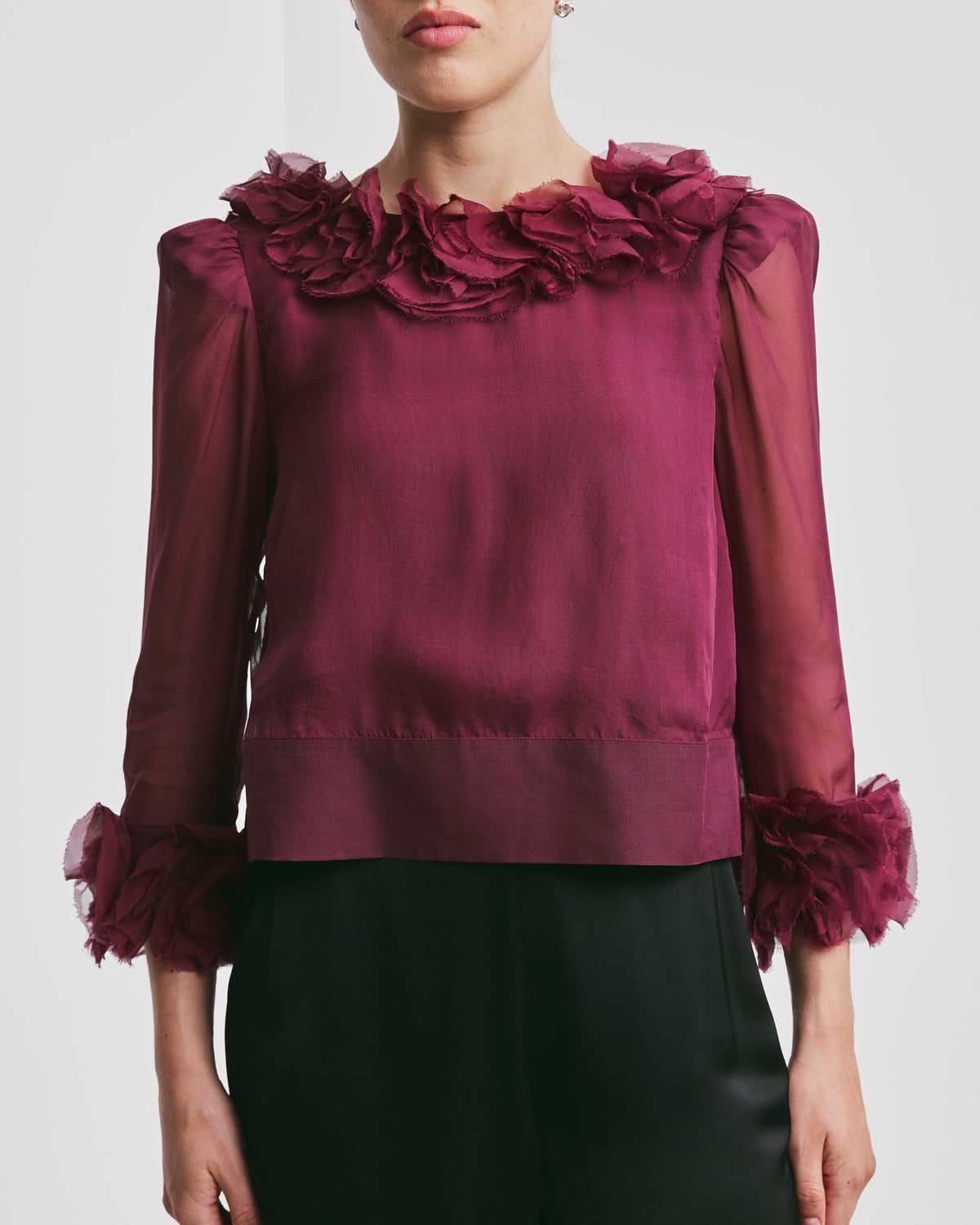Organza Frilly Top, Burgundy. Image #1
