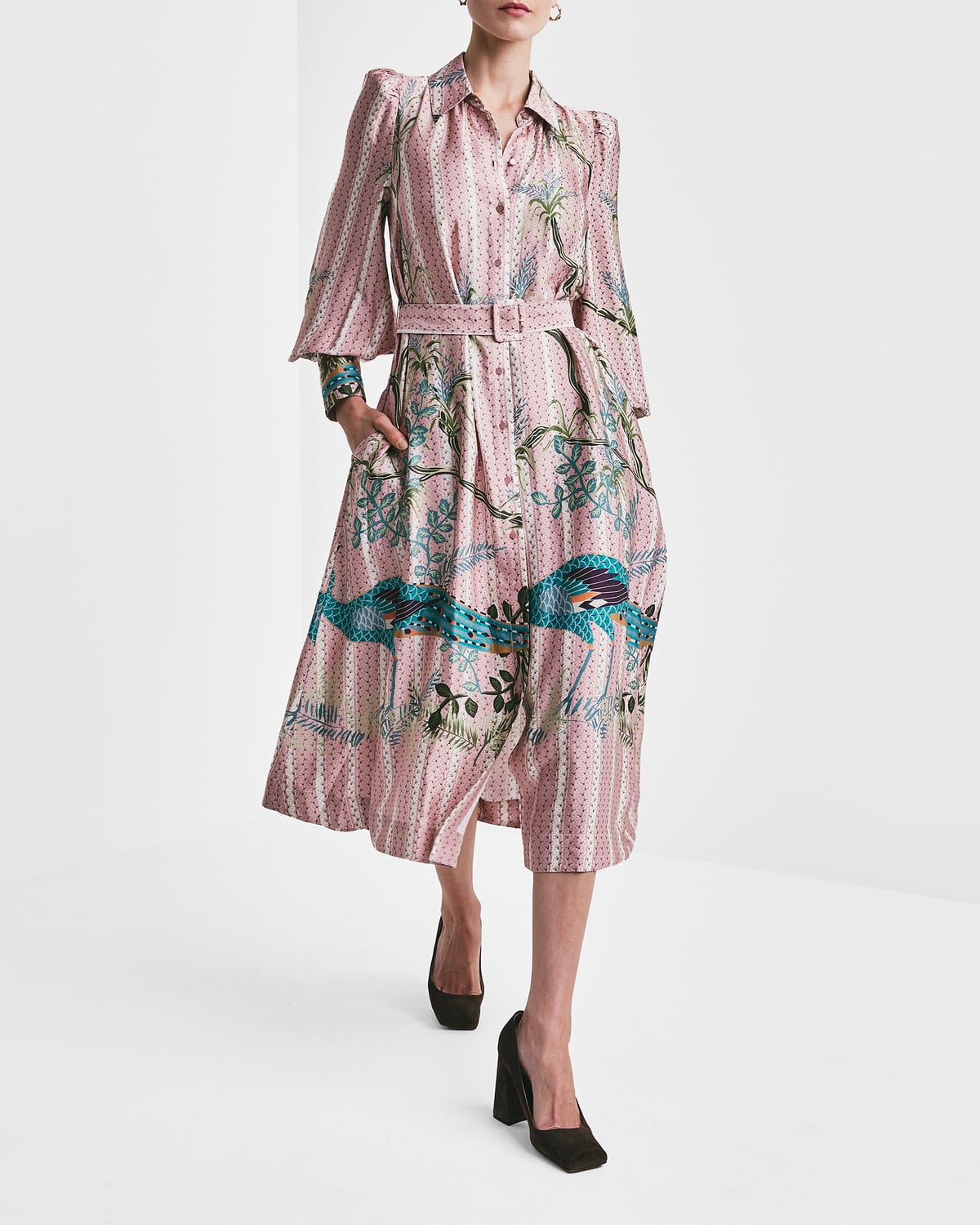 Satin Button-Down Dress, Peacock. Image #1