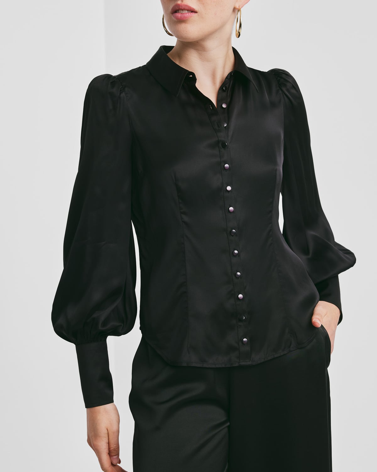 Satin Fitted Shirt, Black. Image #2