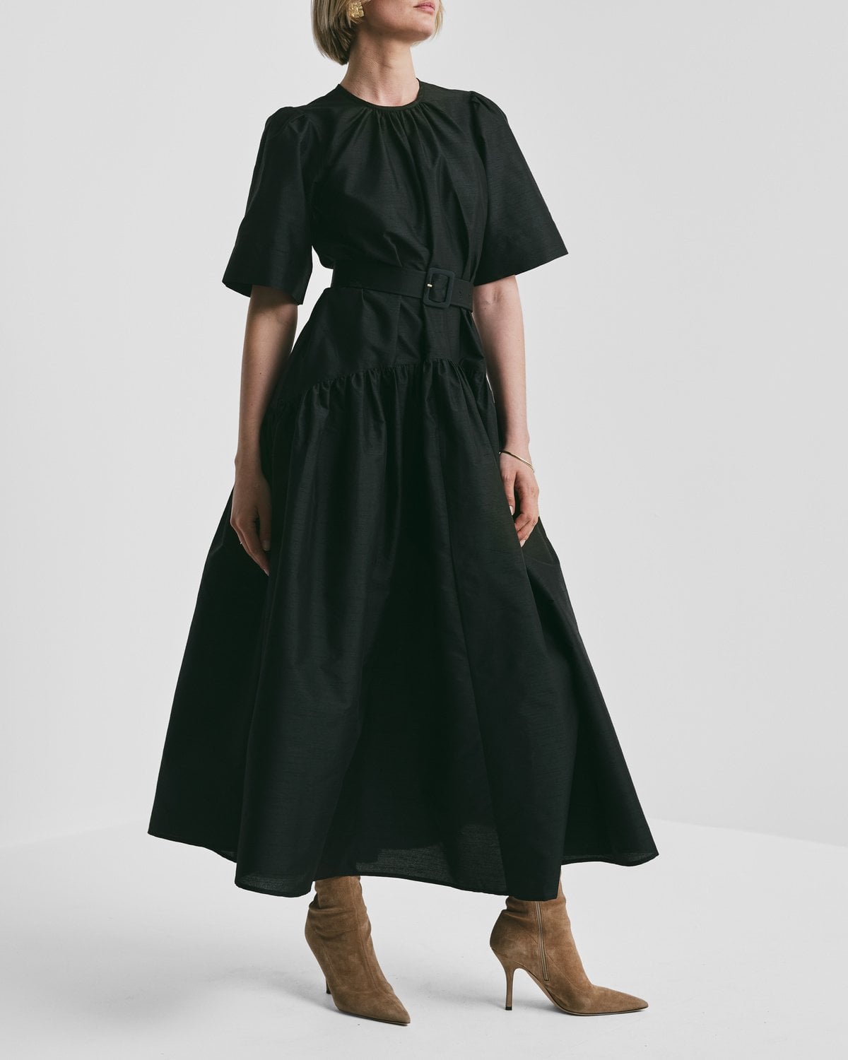 Taffeta Belt Dress, Black. Image #1
