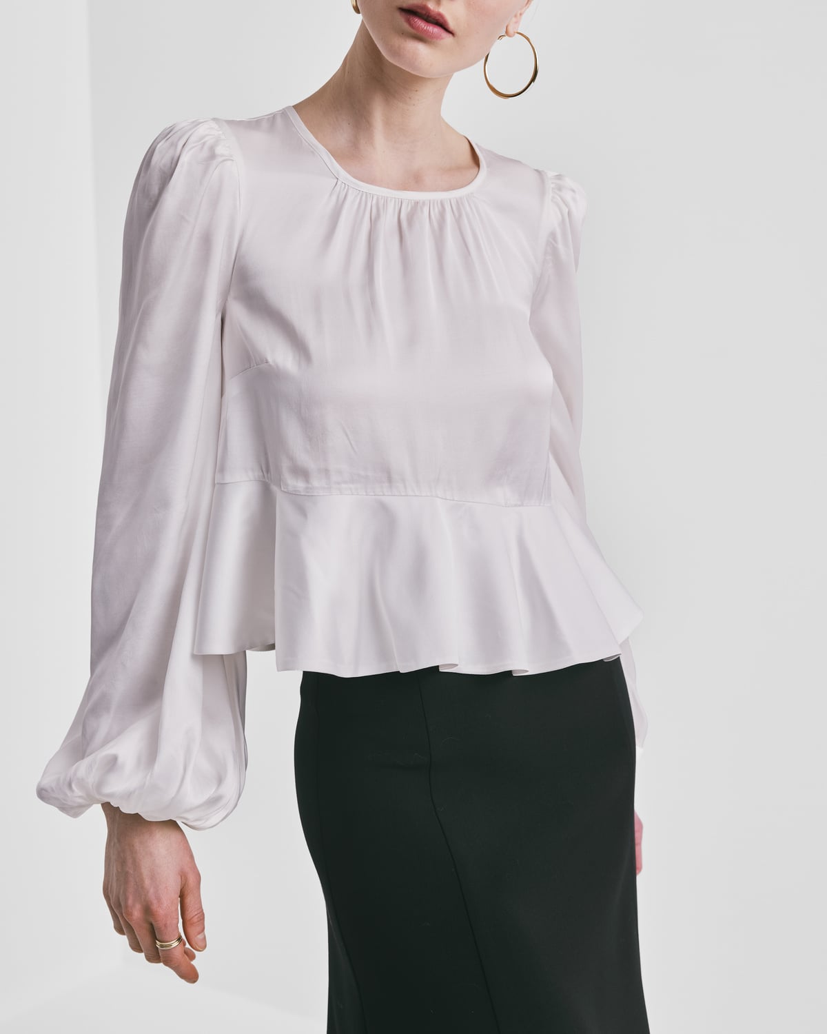 Satin Flounce Top, Off White. Image #1