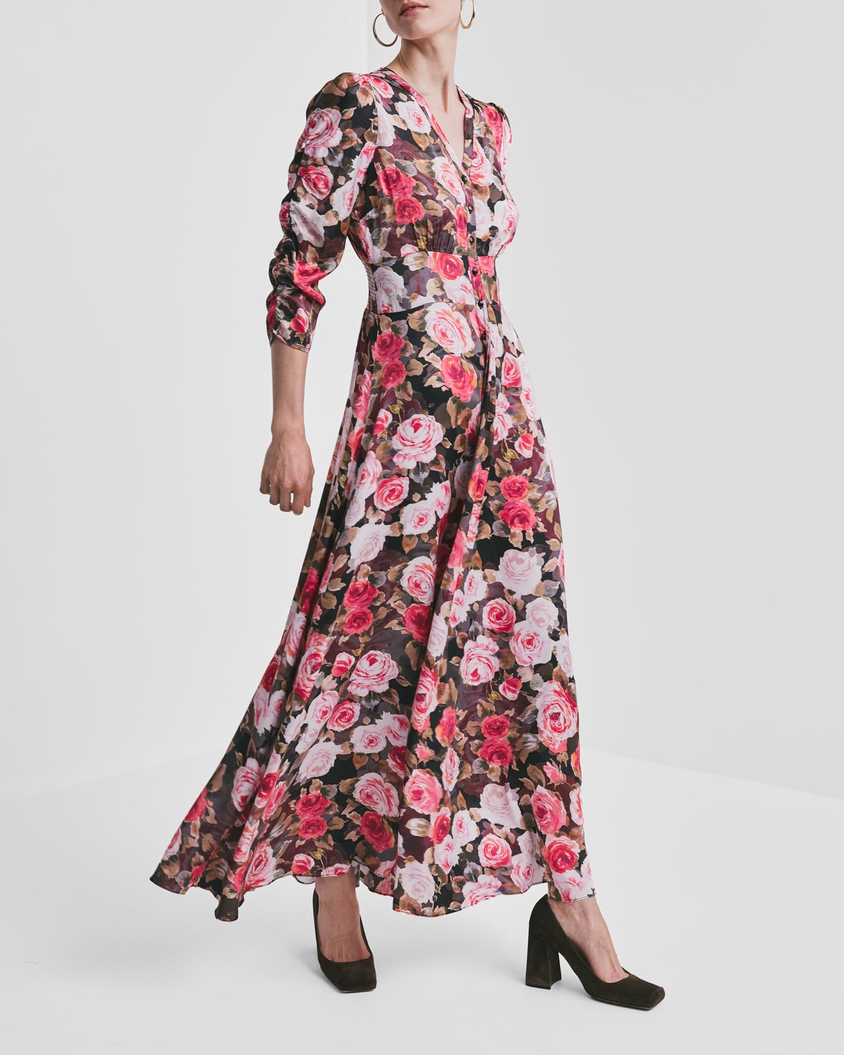 Satin Button-Down Dress, Midnight Roses. Image #3