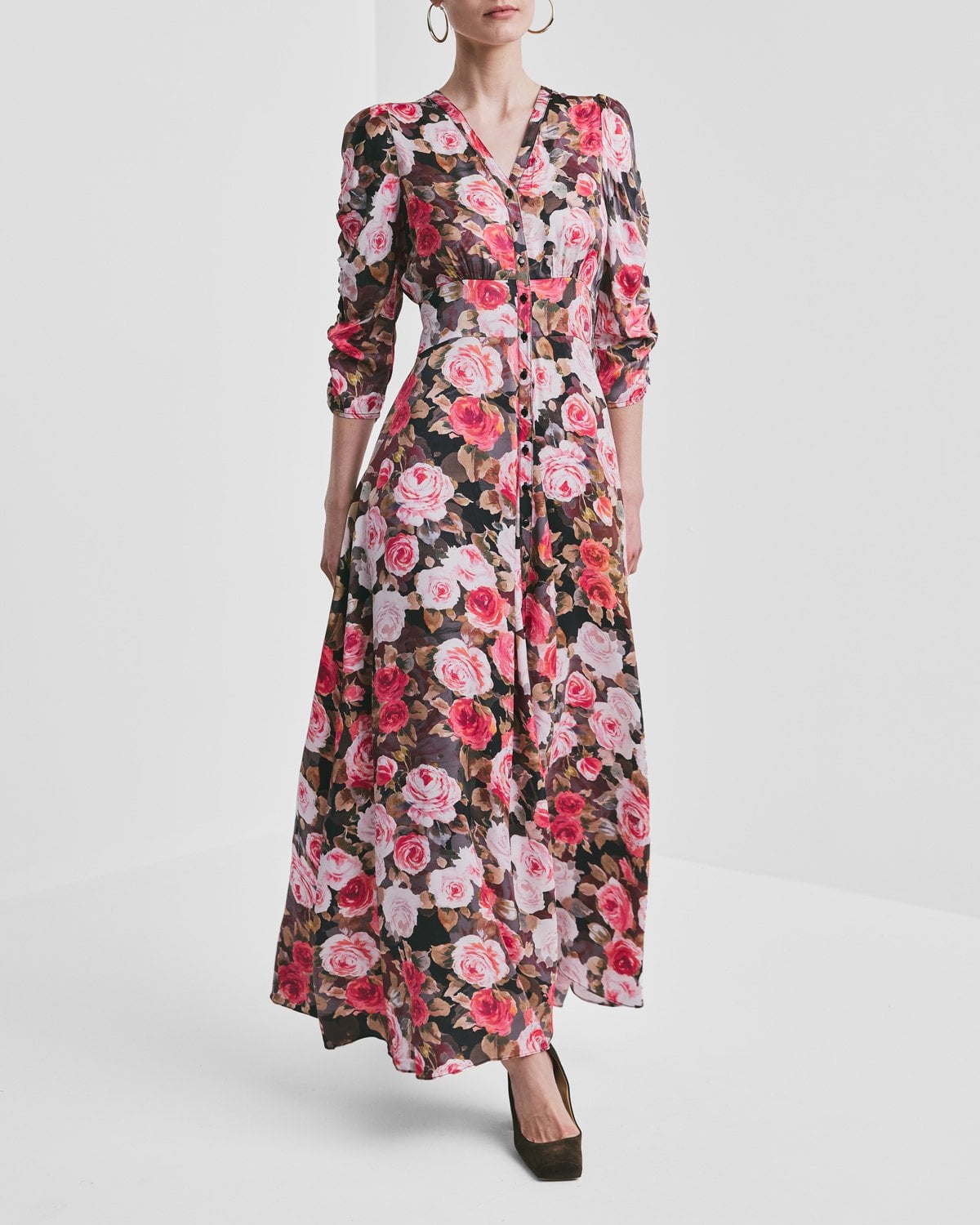Satin Button-Down Dress, Midnight Roses. Image #1