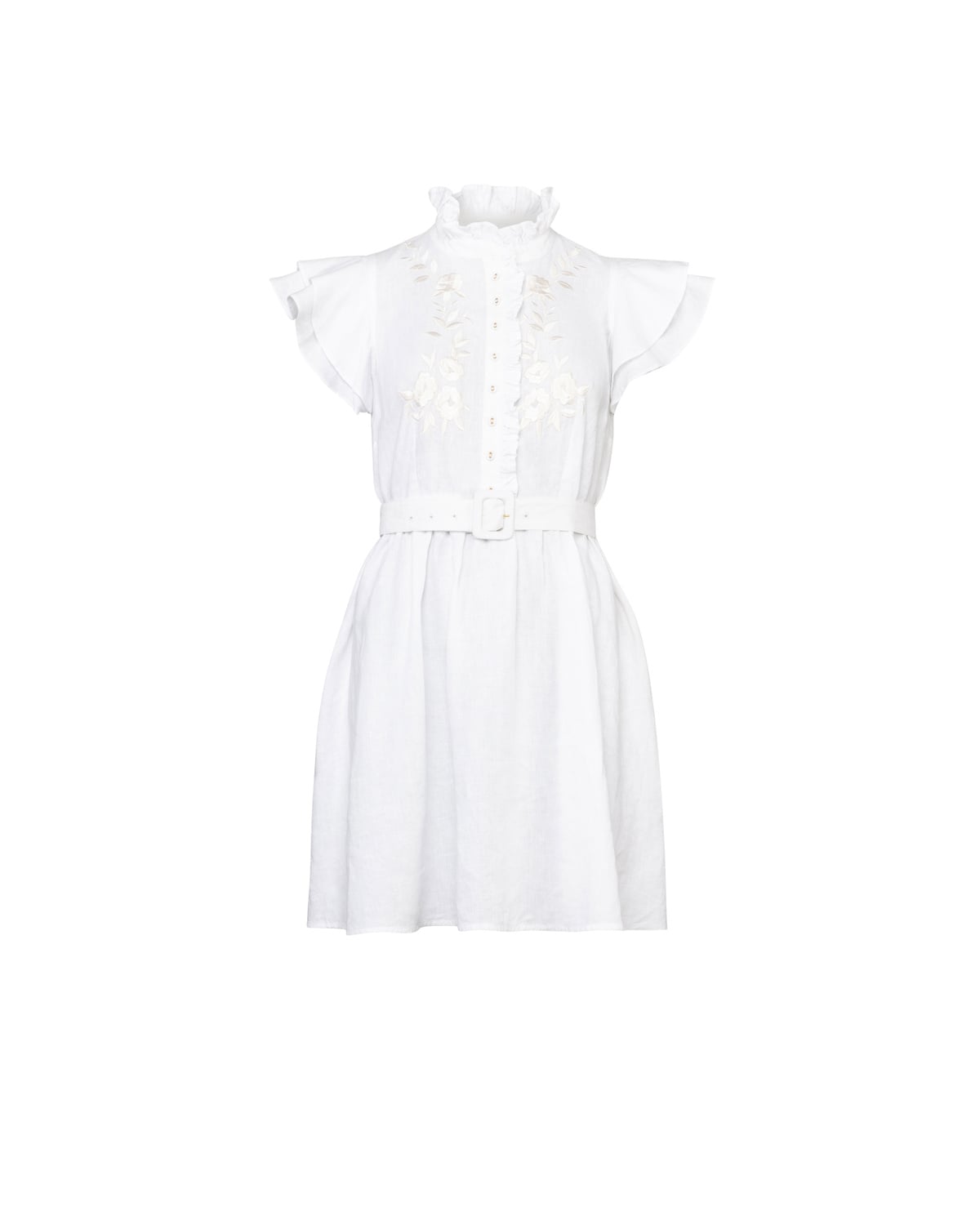 Linen Embroidered Ruffle Dress, White. Image #3