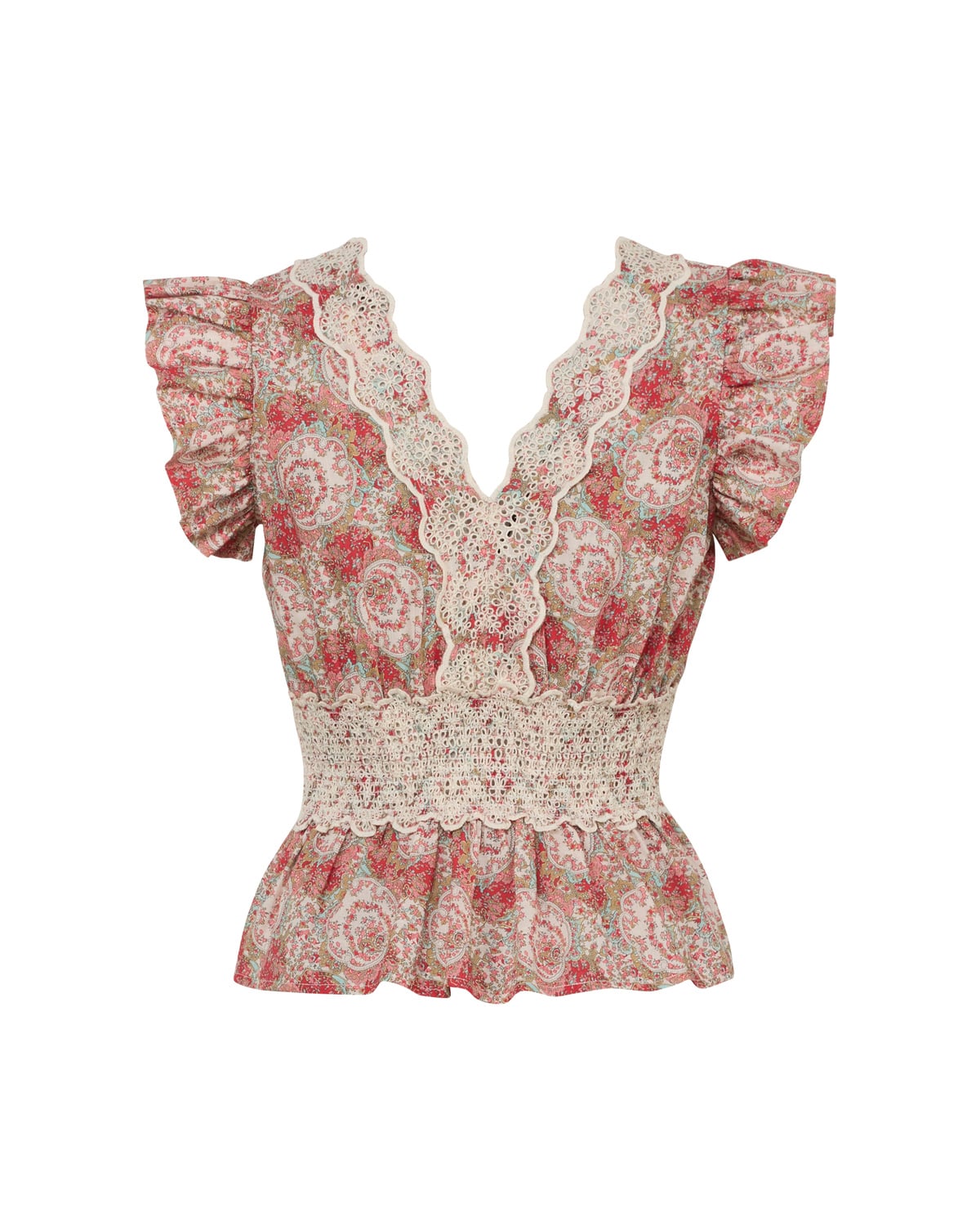 Cotton Slub Flounce Top, Red Paisley. Image #2