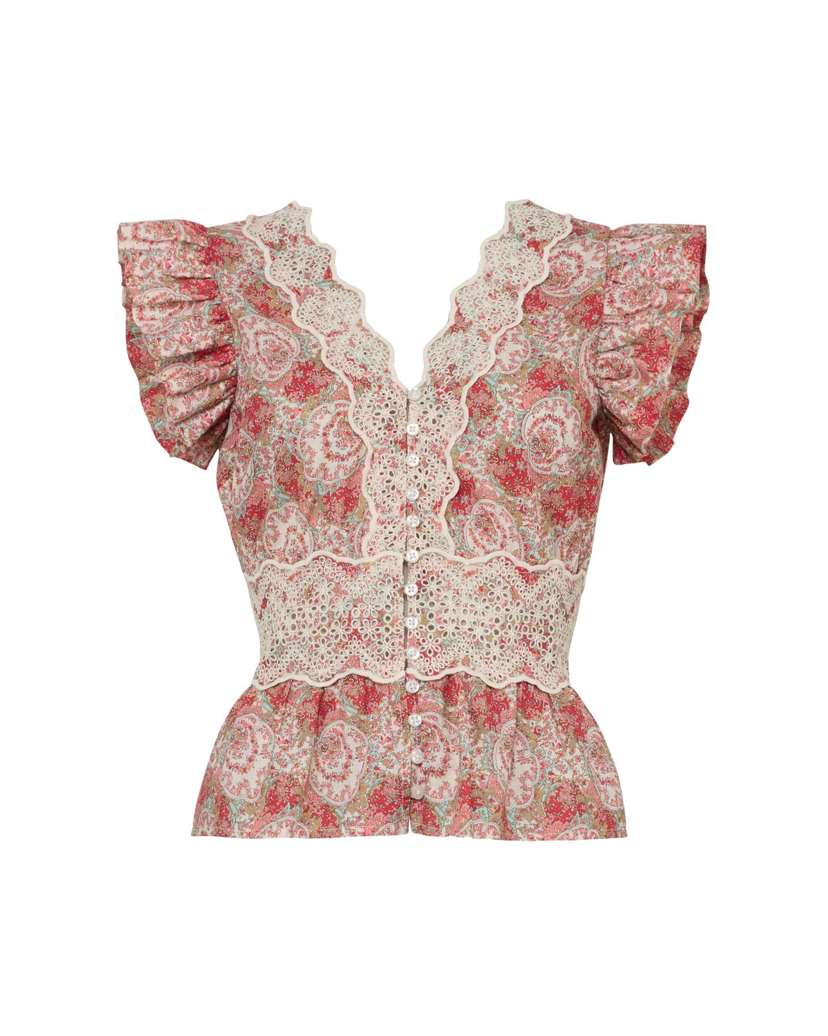 Cotton Slub Flounce Top, Red Paisley. Image #1