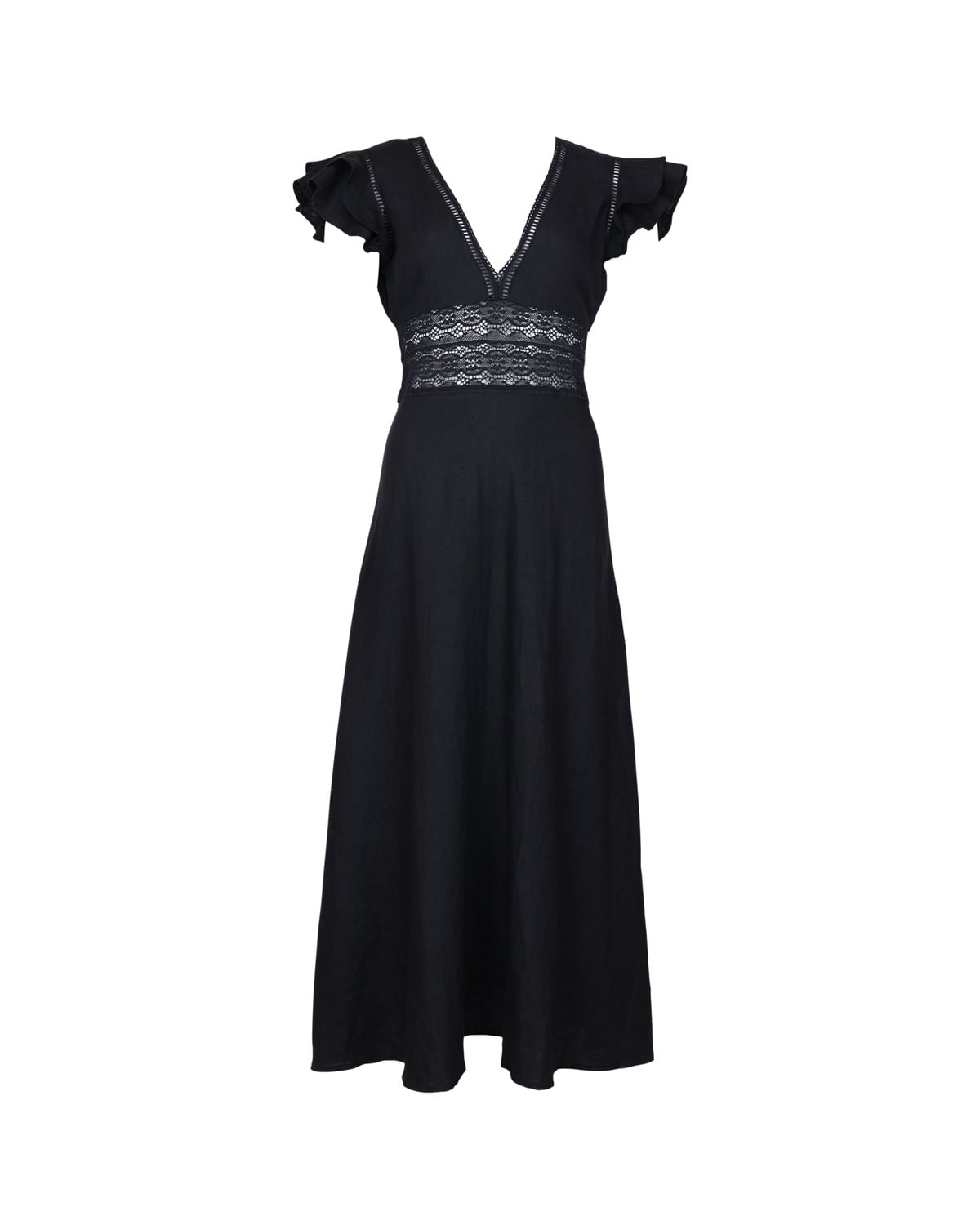 Linen V-Neck Dress, Black. Image #1