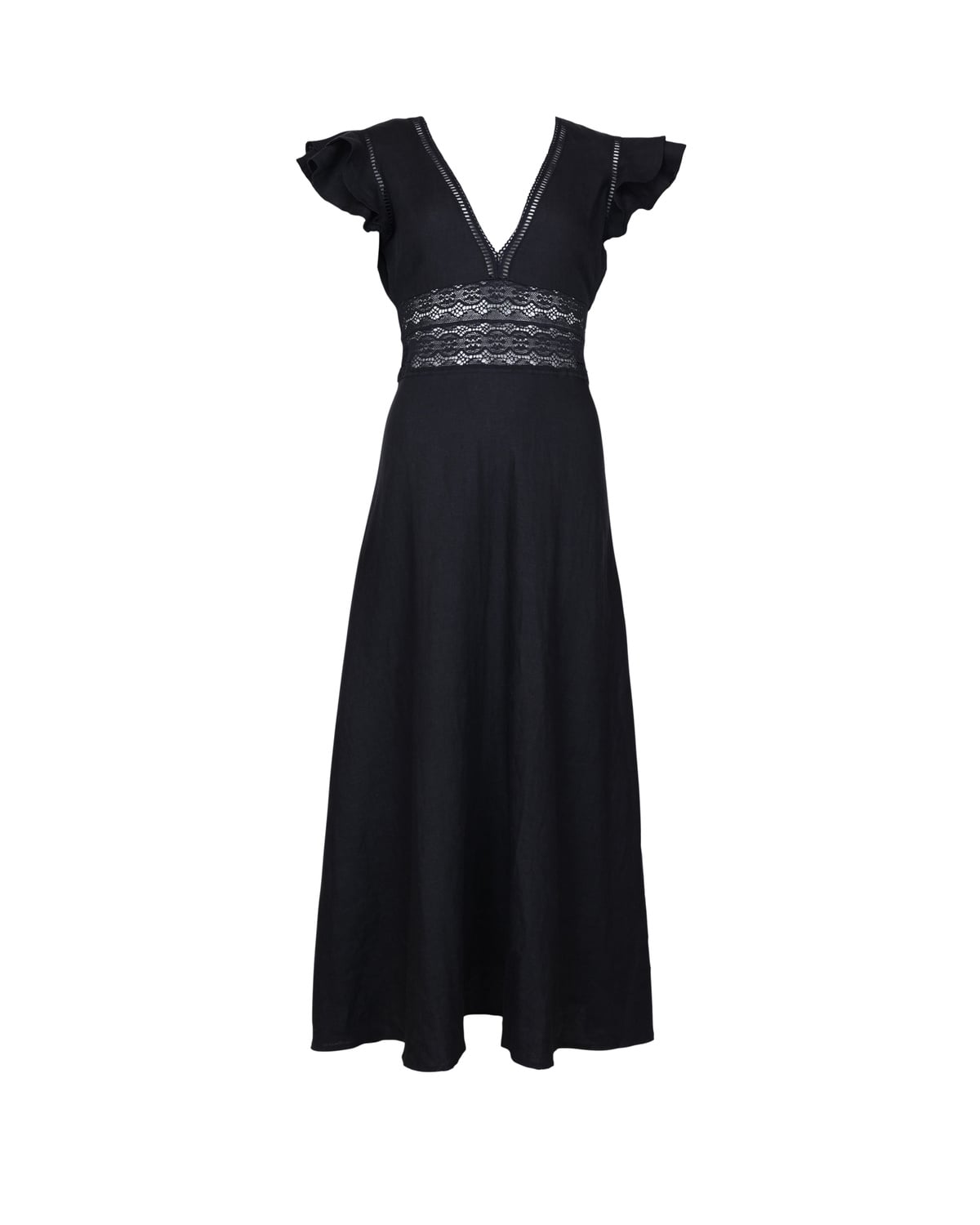 Linen V-Neck Dress, Black. Image #1