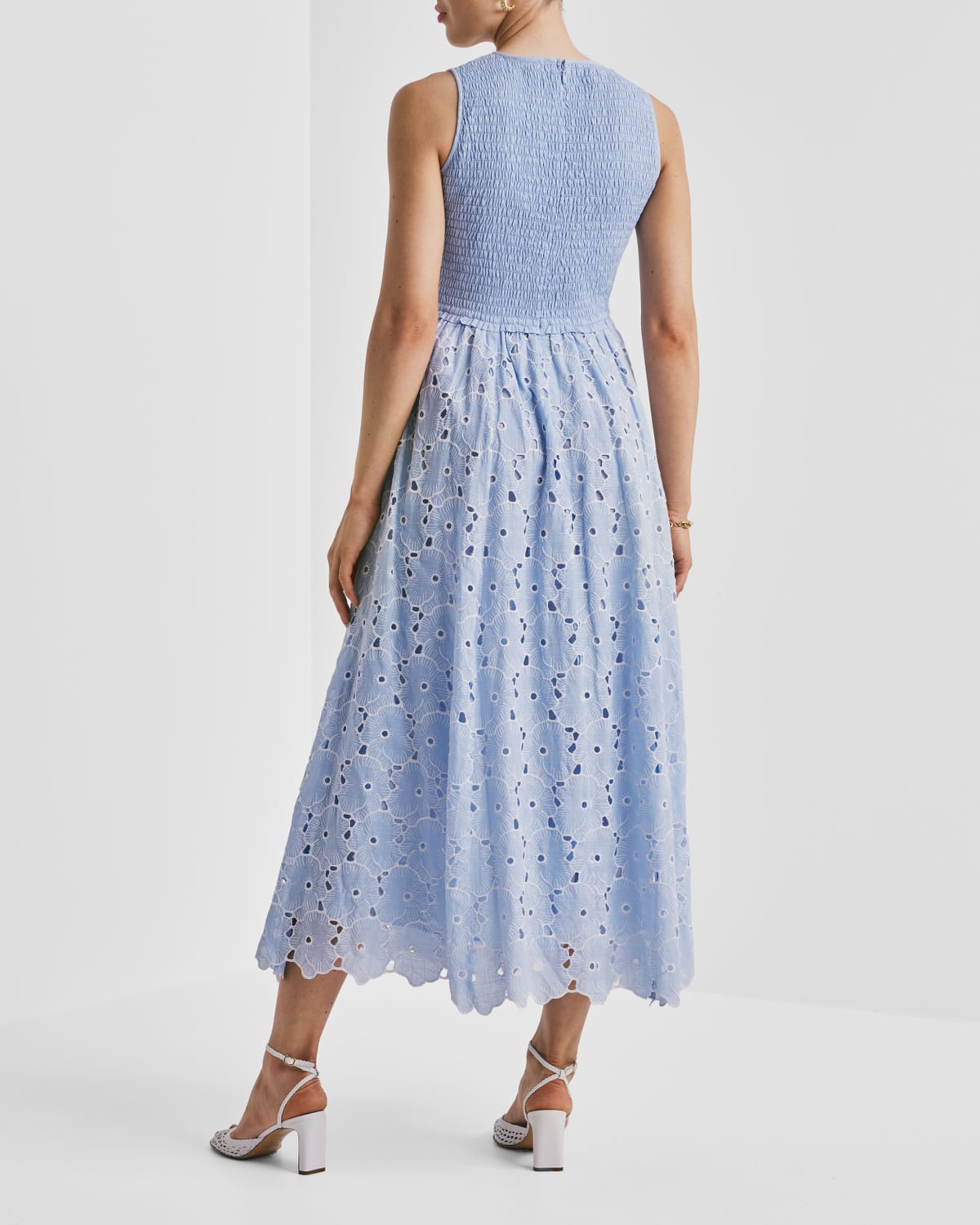 Broderie Anglaise Smocking Dress, Light Blue. Image #7
