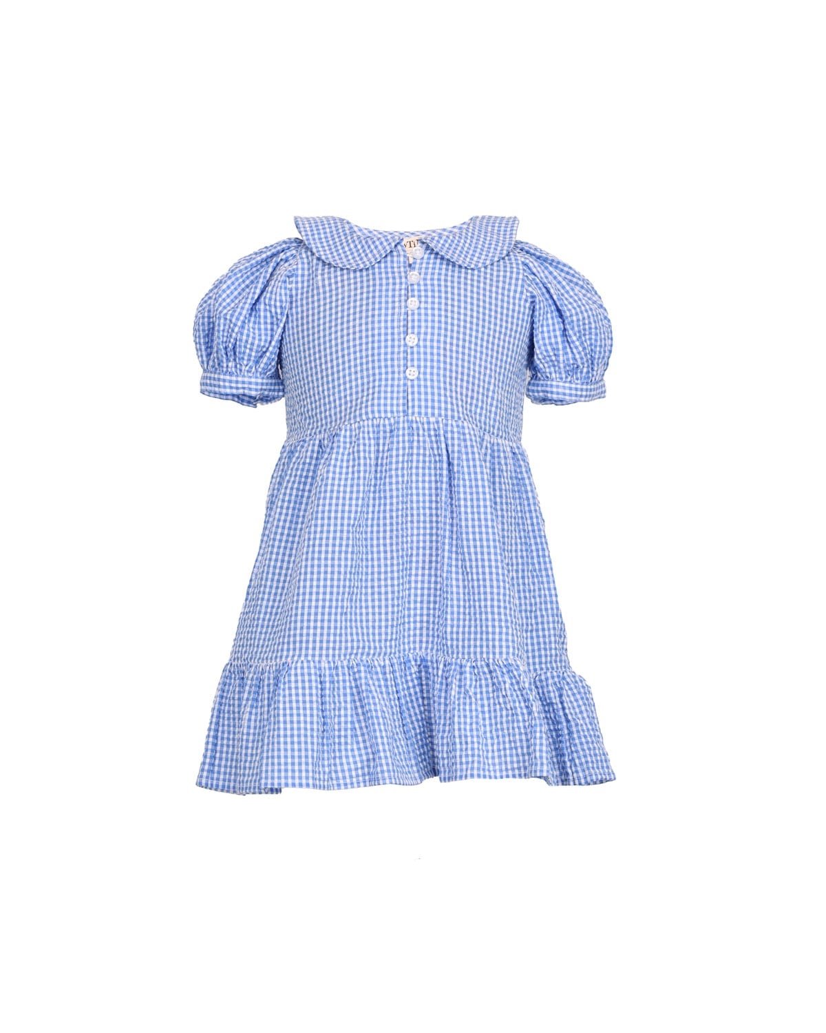 Seersucker Puffed Dress, Blue Checks. Image #6