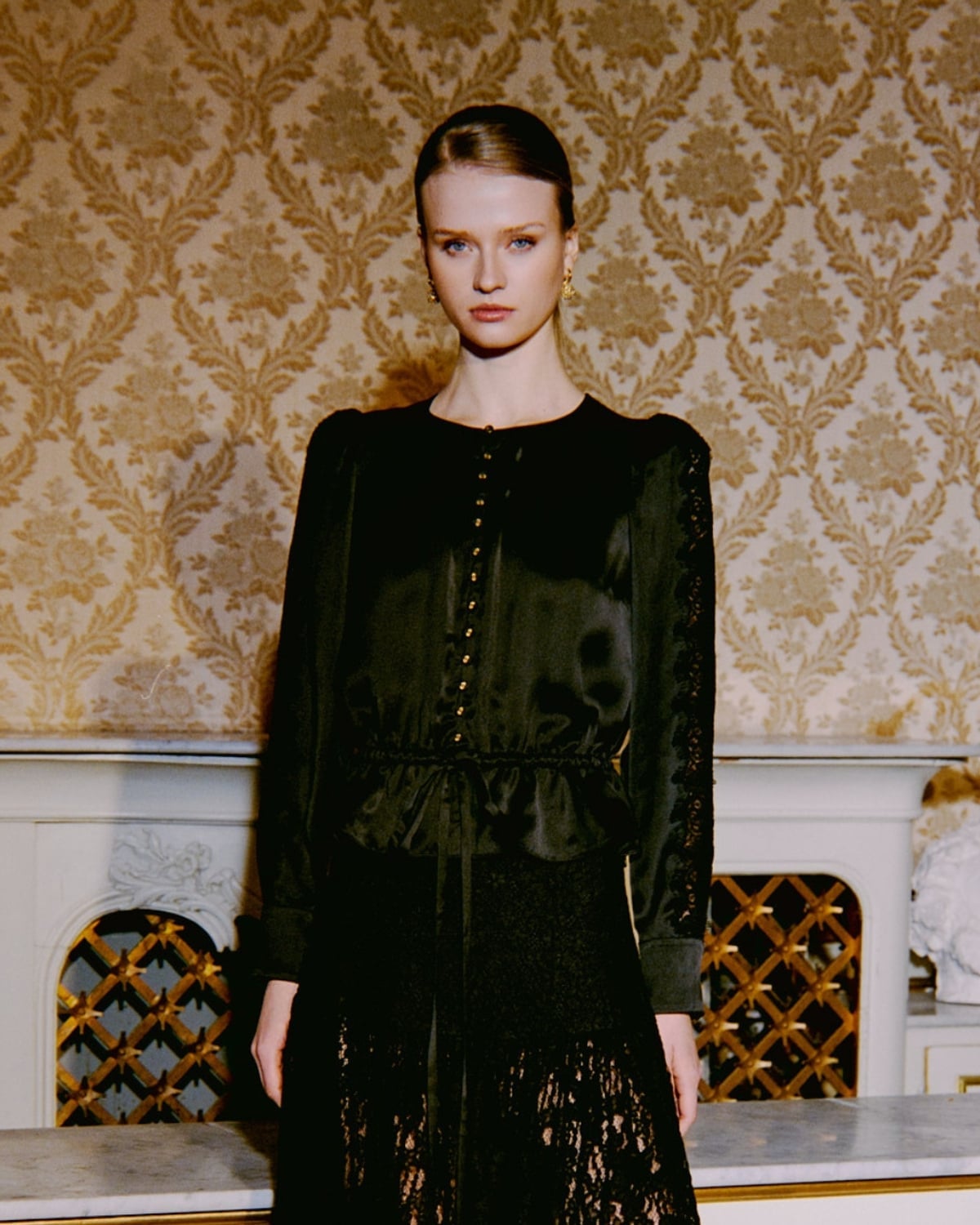 Satin Tie Blouse, Black. Image #1