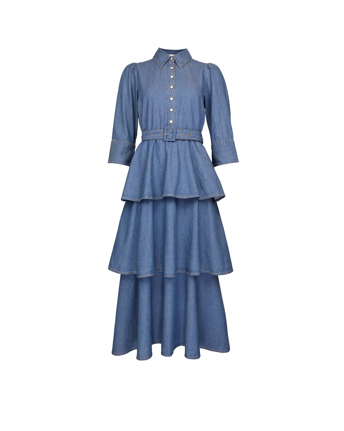 Denim Flounce Dress, French Blue. Image #1