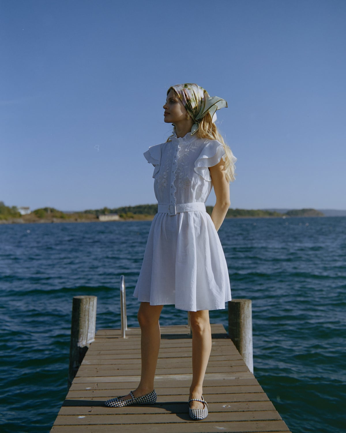 Linen Embroidered Ruffle Dress, White. Image #1