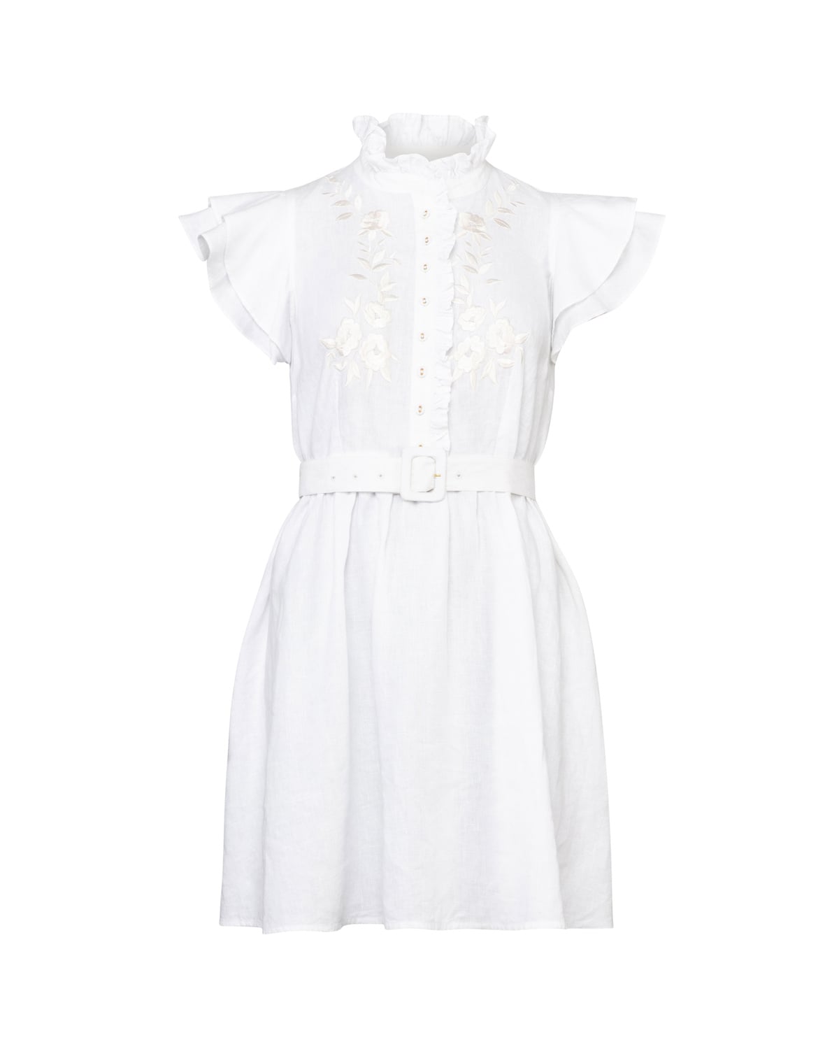 Linen Embroidered Ruffle Dress, White. Image #3