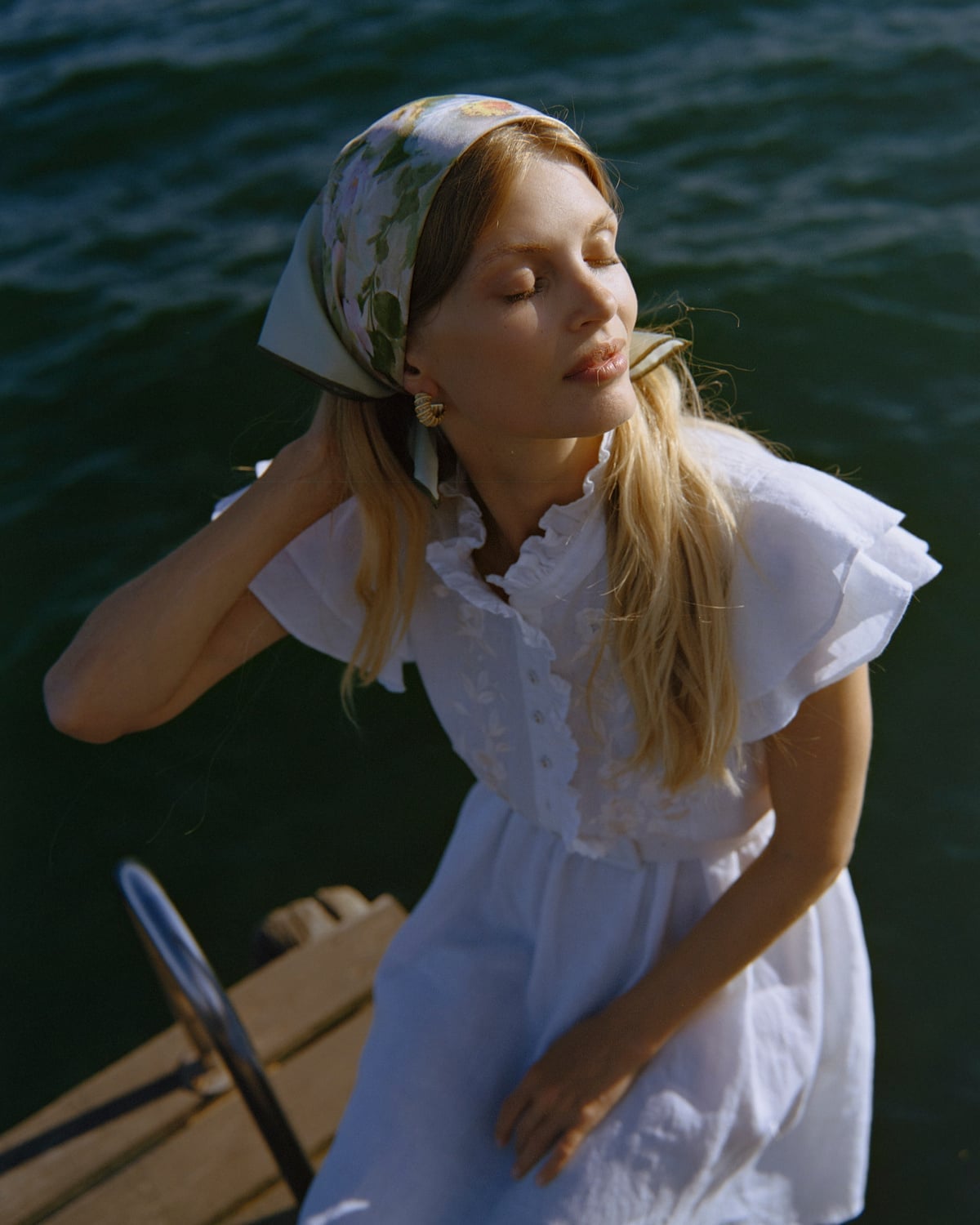 Linen Embroidered Ruffle Dress, White. Image #2