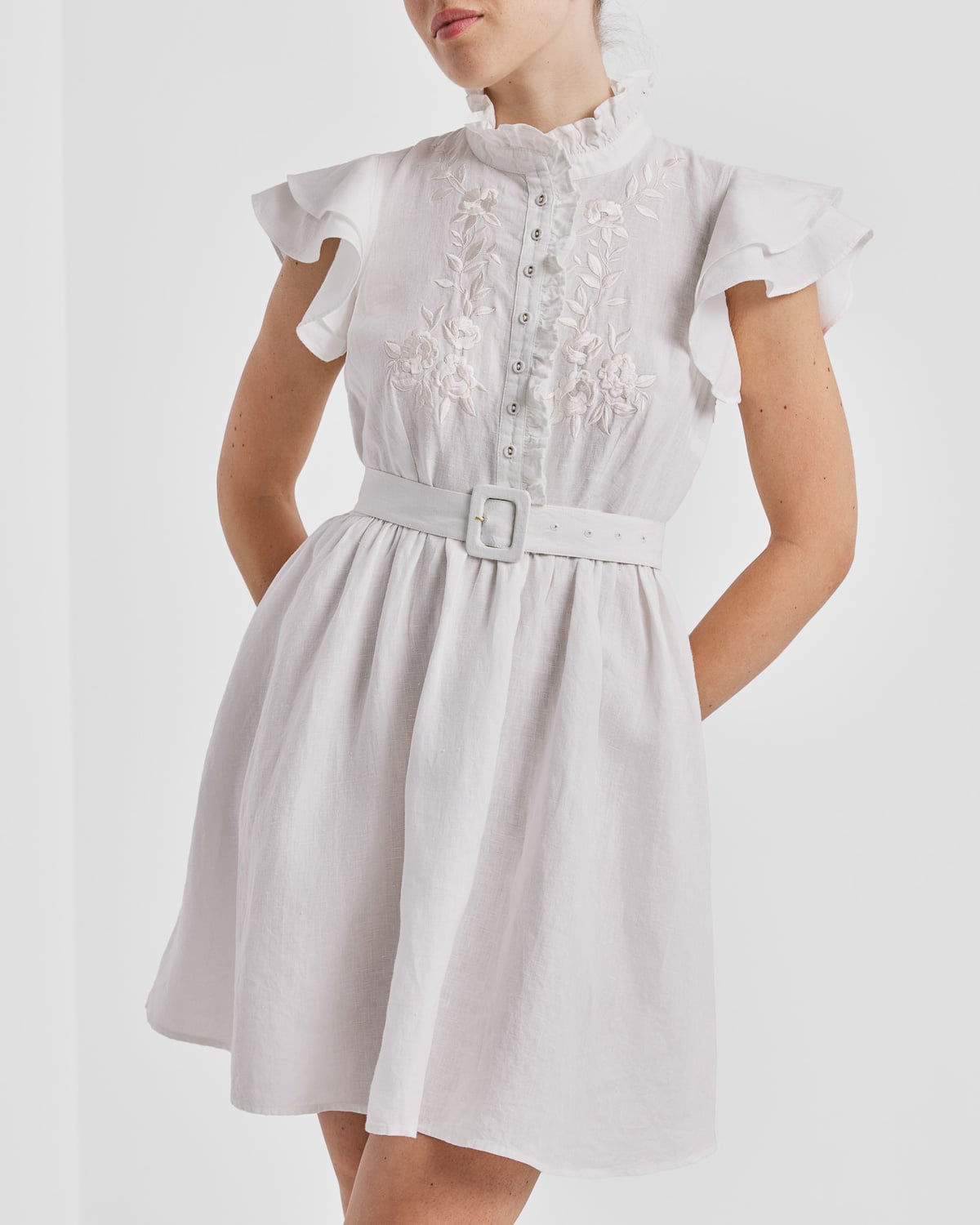 Linen Embroidered Ruffle Dress, White. Image #4