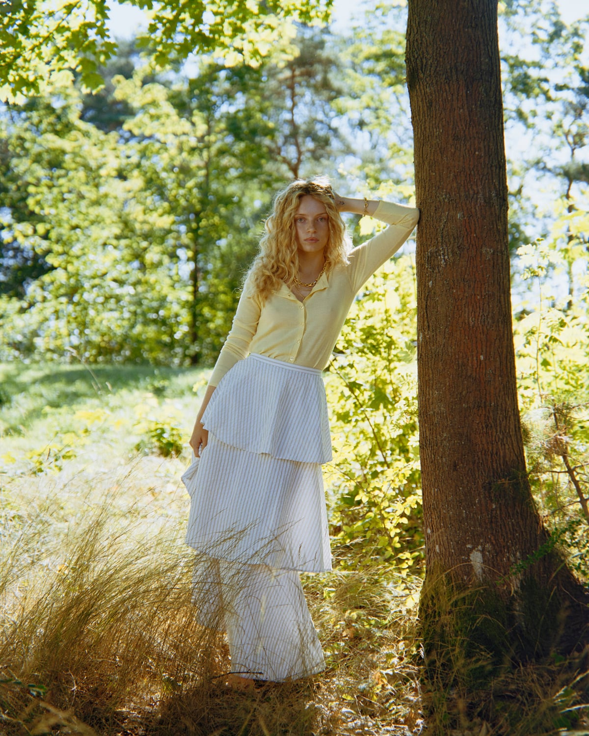 Seersucker Flounce Skirt, Khaki Stripe. Image #1