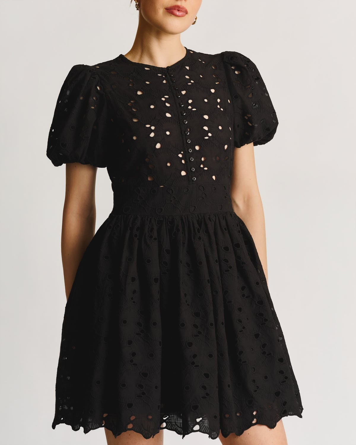 Broderie Anglaise Puffed Dress, Black. Image #2