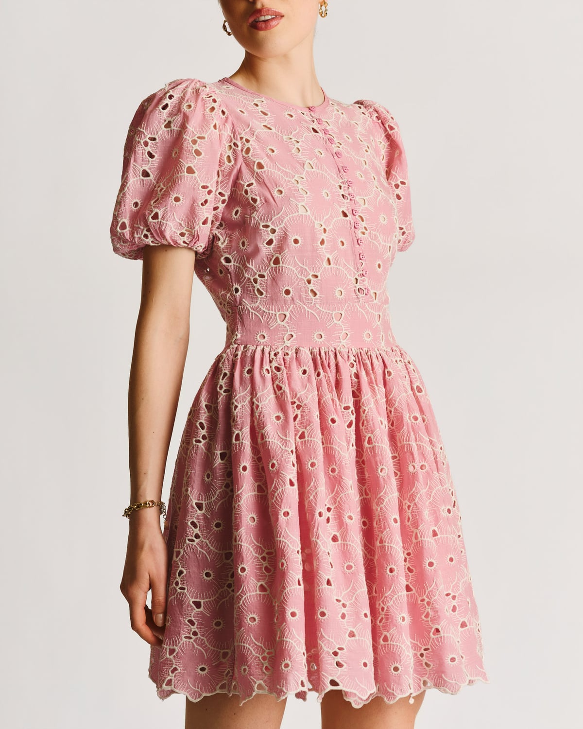 Broderie Anglaise Puffed Dress, Rose Pink. Image #2