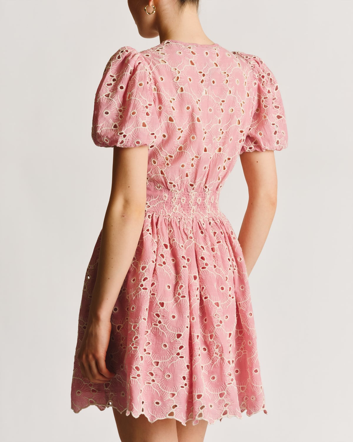 Broderie Anglaise Puffed Dress, Rose Pink. Image #3