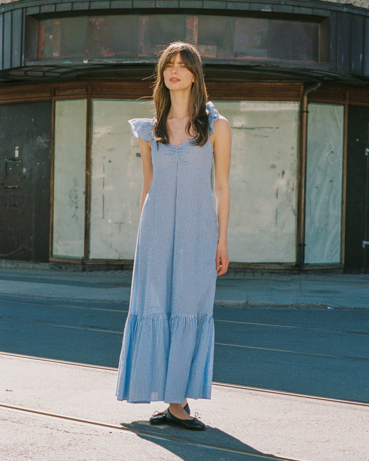 Seersucker Ruffle Dress, Blue Checks. Image #3