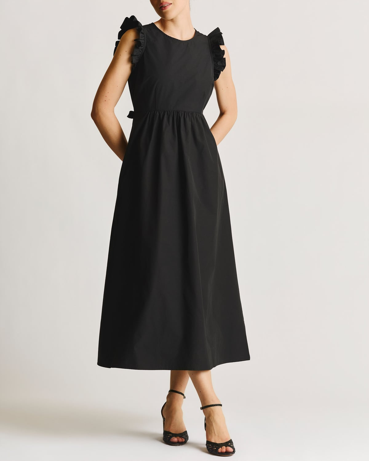 Cotton Taffeta Ruffle Dress, Black. Image #3