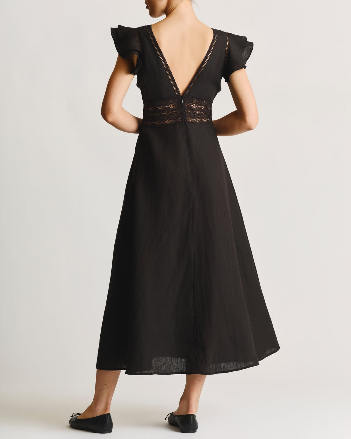 Linen V-Neck Dress, Black. Image #4