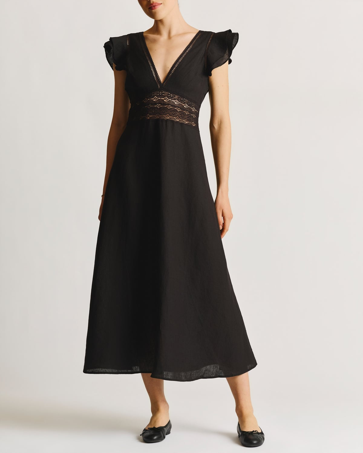 Linen V-Neck Dress, Black. Image #3