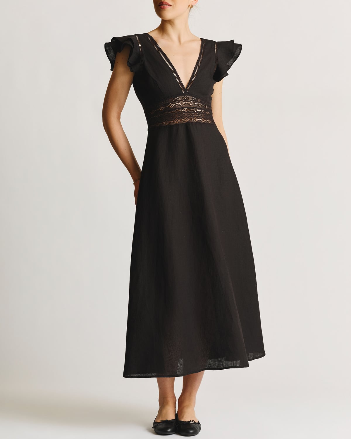 Linen V-Neck Dress, Black. Image #2