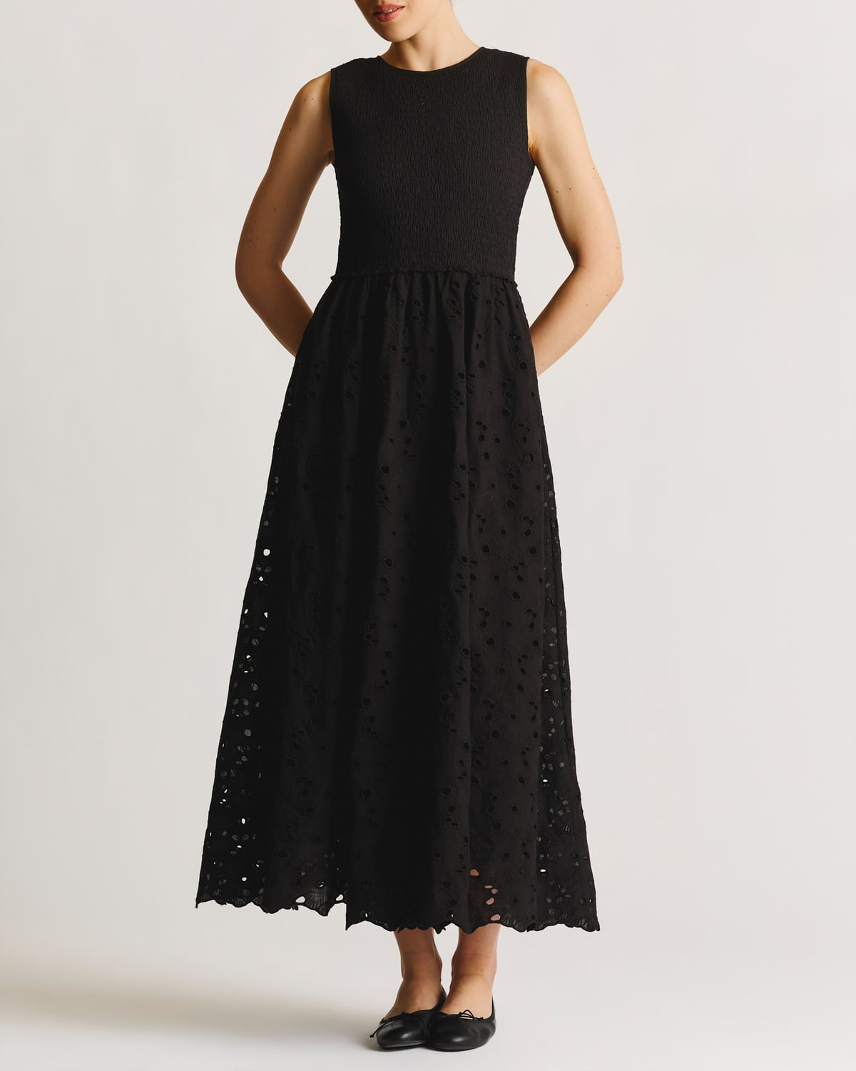 Broderie Anglaise Smocking Dress, Black. Image #2