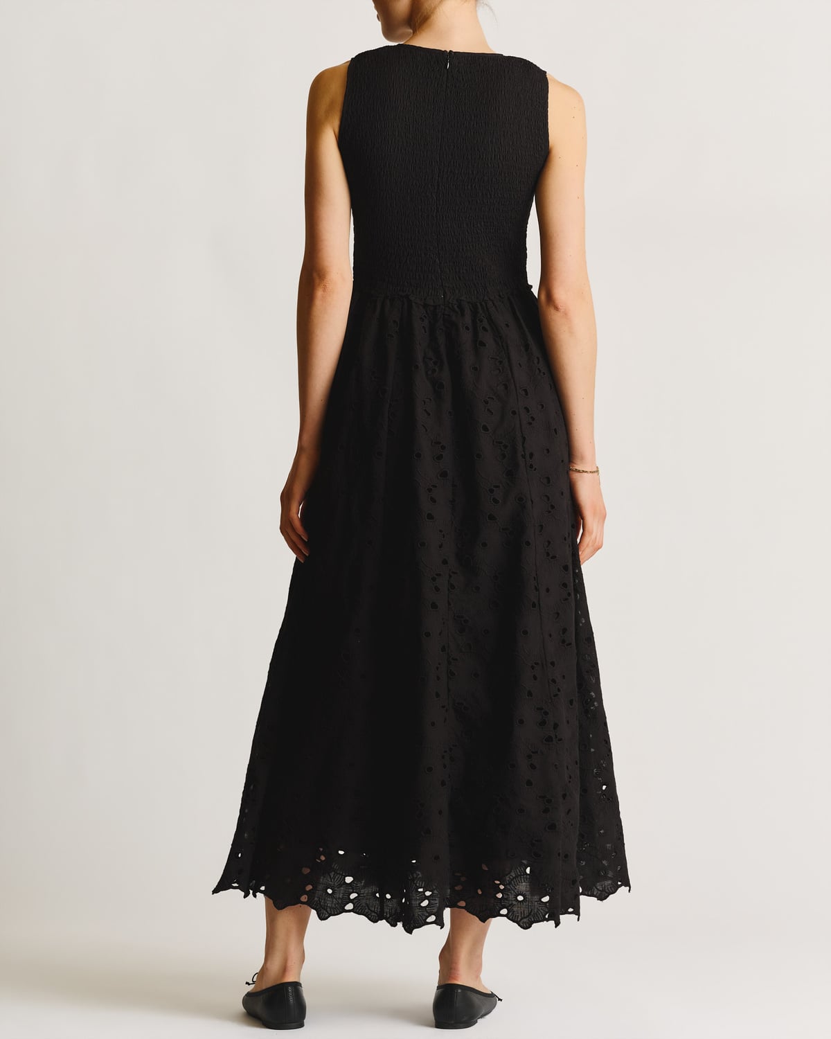 Broderie Anglaise Smocking Dress, Black. Image #3