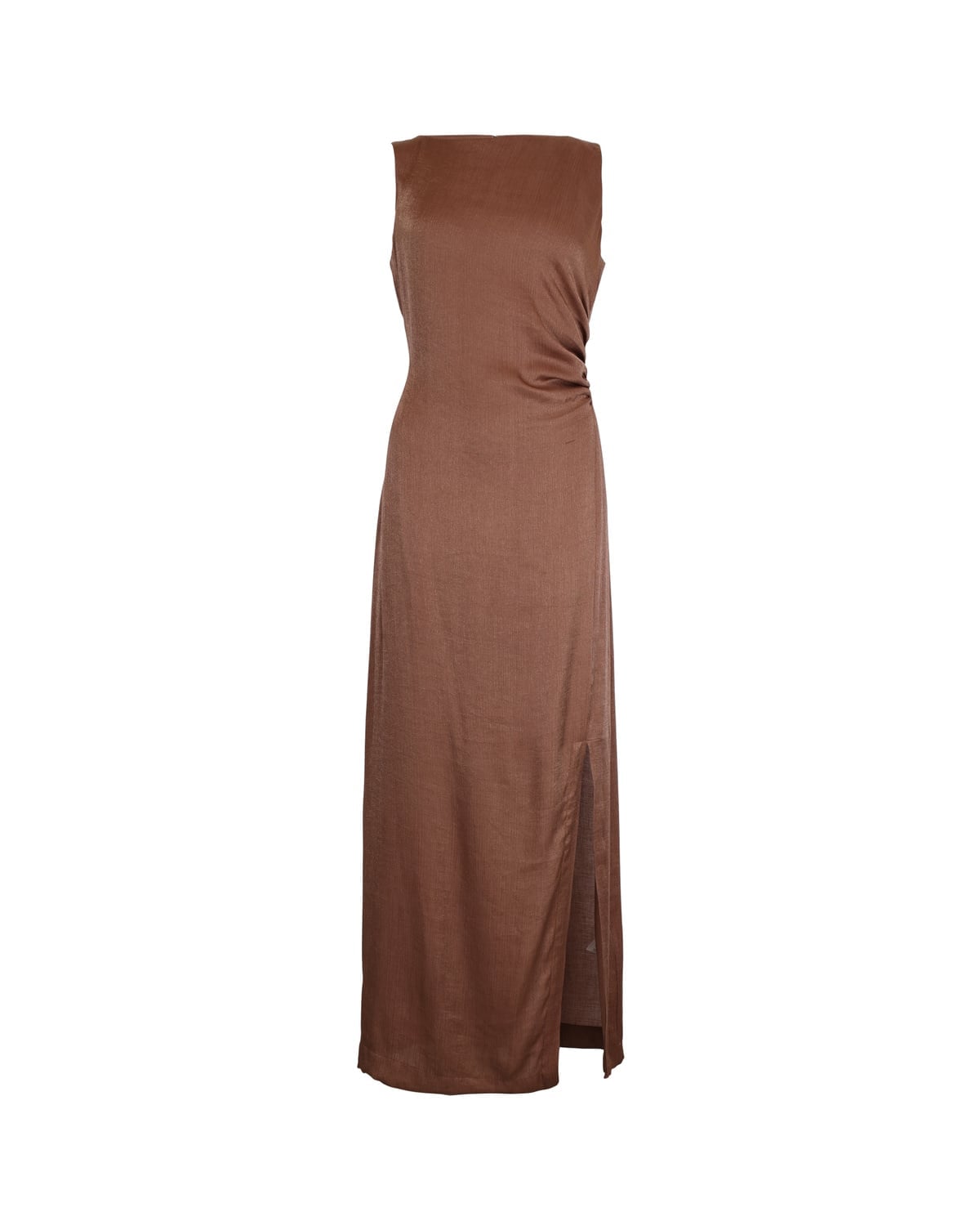 Shiny Sleeveless Dress, Brown. Image #1