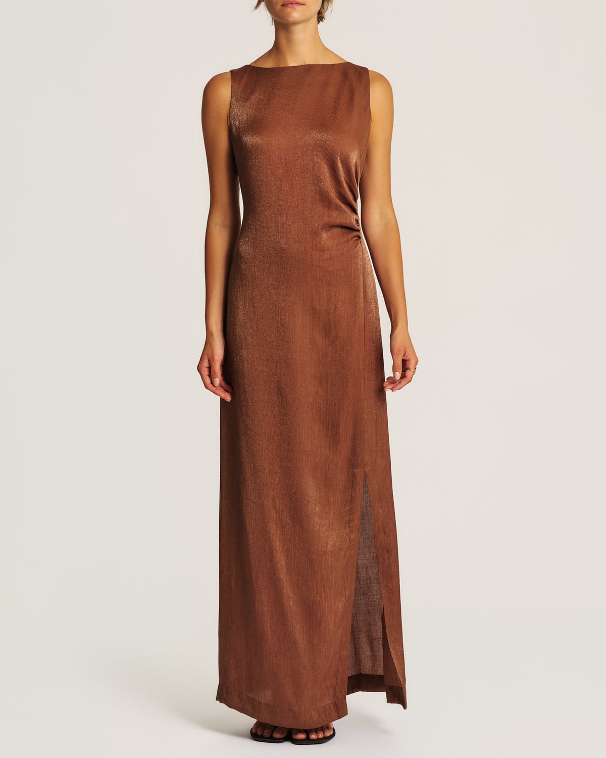 Shiny Sleeveless Dress, Brown. Image #2