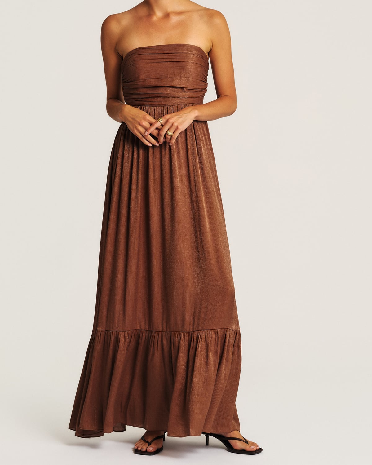 Shiny Bandeau Dress, Brown. Image #3