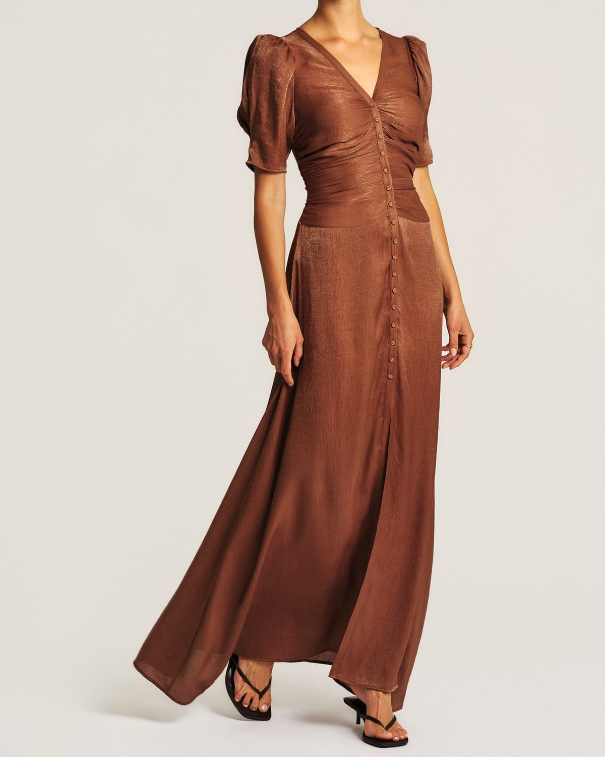 Shiny Button-Down Dress, Brown. Image #2