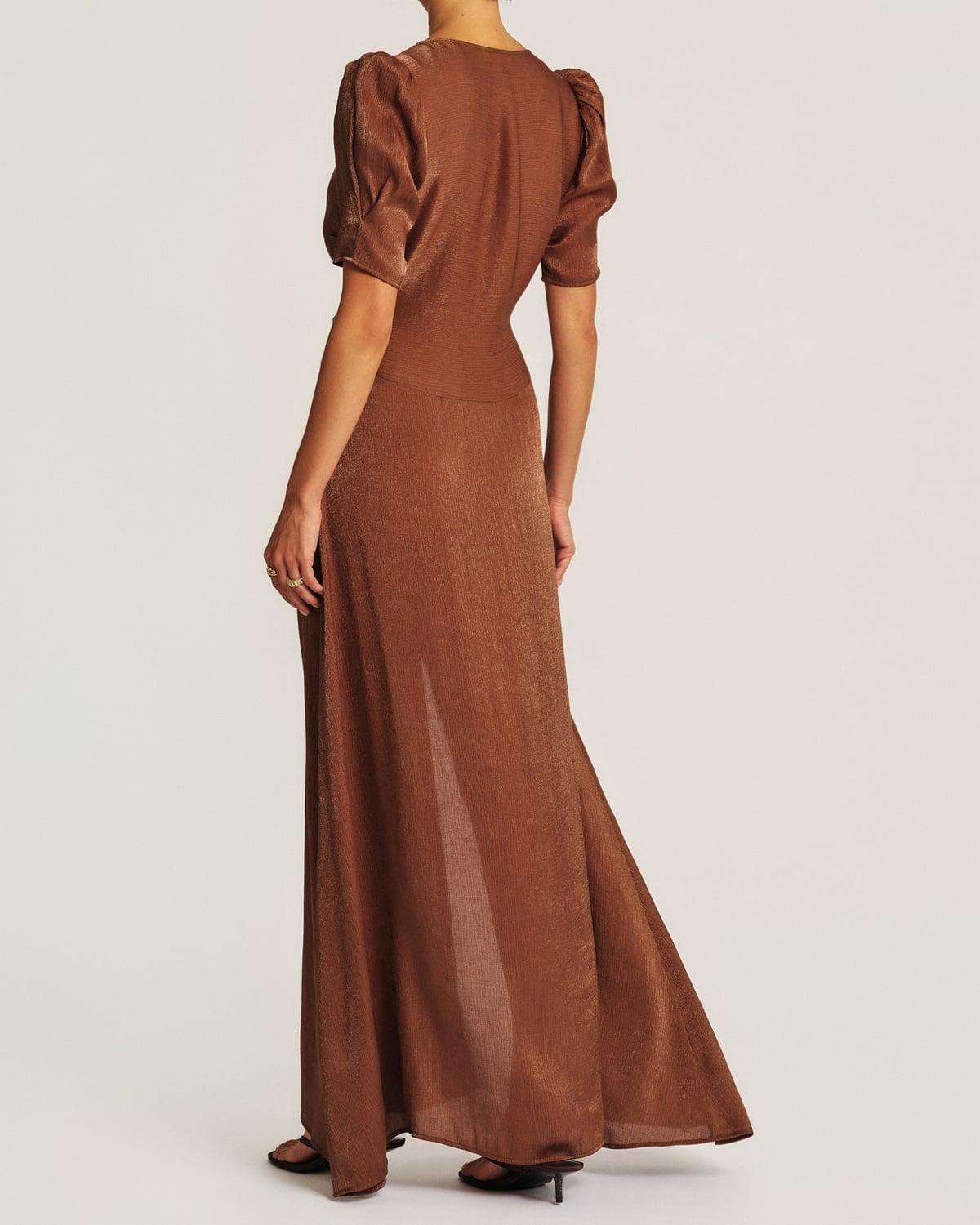 Shiny Button-Down Dress, Brown. Image #3