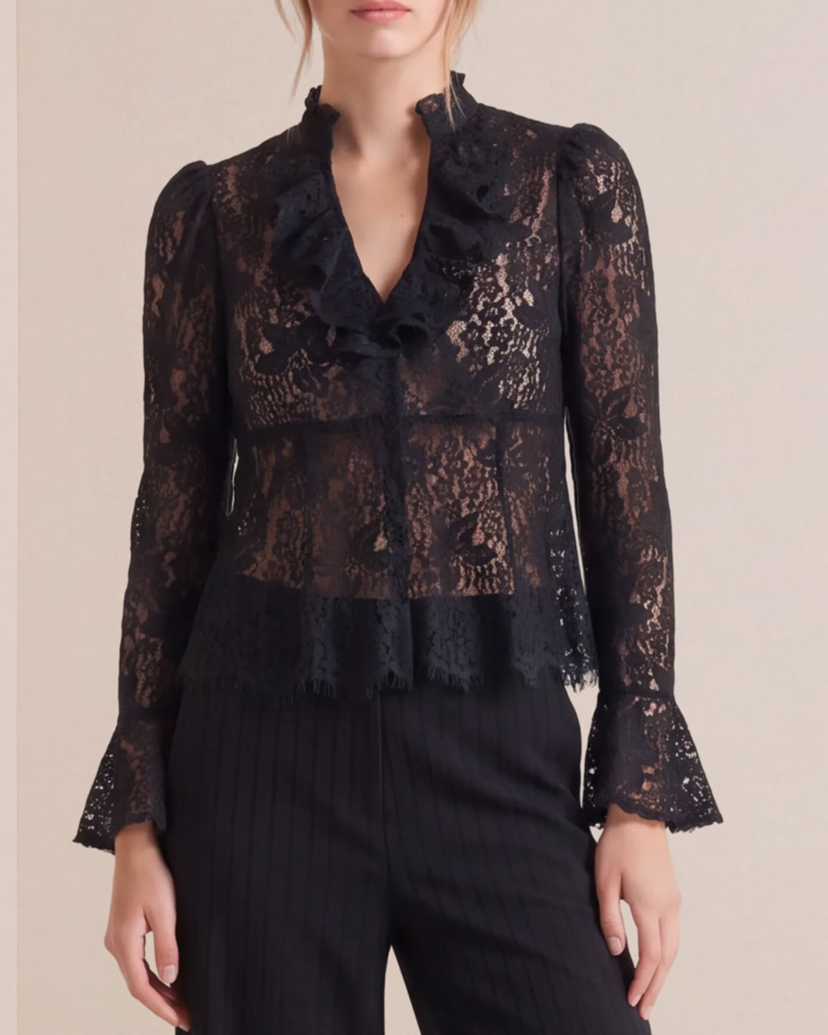 Lace Ruffle Blouse, Black. Image #1