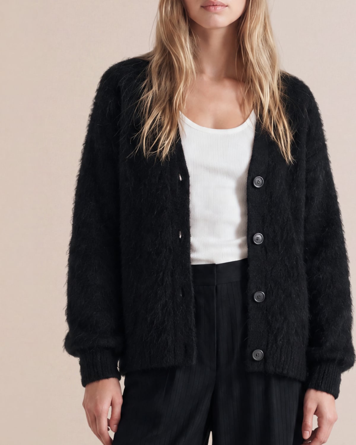 Hairy Knit V-Neck Jacket, Black. Image #1